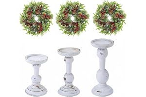 Mumufy 6 Pcs Christmas Candle Holders for Pillar Candles Set of 3 Rustic Farmhouse Wooden Christmas Table Centerpiece Decoration Vintage Xmas Candlestick Wreath Ring for Dinning Room Fireplace Mantel