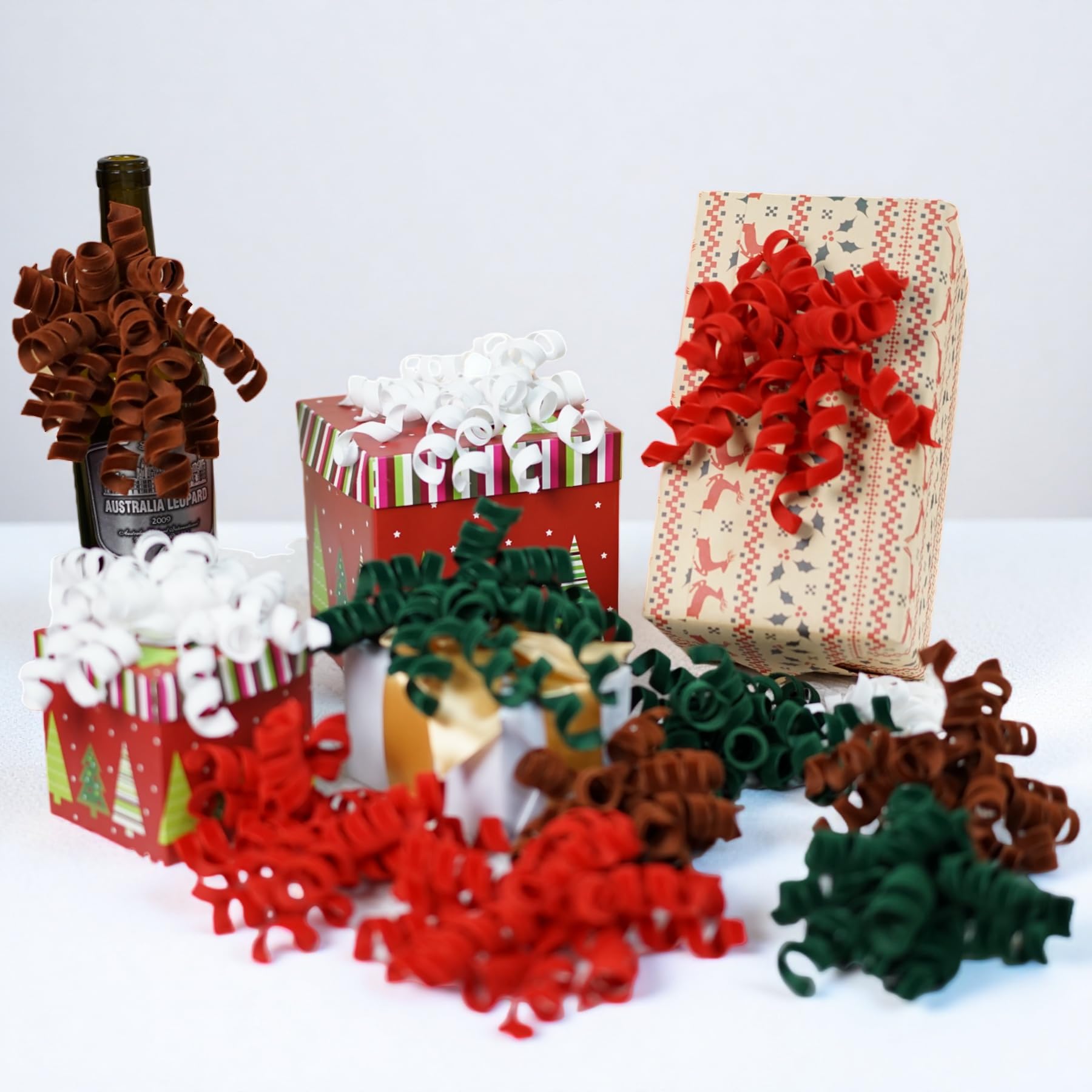 Photo 1 of 12 PCS Christmas Gift Wrapping Velvet Curly Bows Self Adhesive Curly Ribbon Bows for Gift Wrapping, Presents, Paper Bag, Treat Bags, Wedding, Wine Bottles, Party Holiday Decor 6 inch (Mix color)