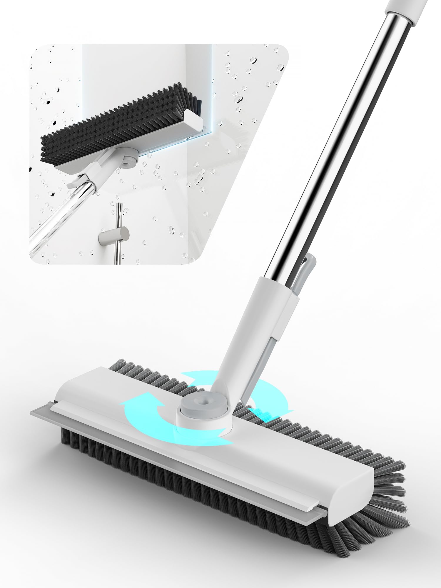 Photo 1 of HelpX Floor Scrub Brush with Long Handle, 3 in 1 Scrape and Heavy-Duty Stiff Bristle Floor Scrubber Brush with Squeegee and Tweezer for Cleaning Tile Wall Deck Bathroom Patio Garage Kitchen (White)