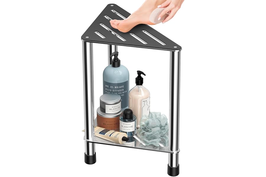 LarFaFa Stainless Steel Shower Stool for Inside Shower, 15.4” H Shower Foot Rest, Corner Shower Stool with Storage Shelf, Shower Step for Shaving Legs, Bathroom Corner Shower Bench, Silver
