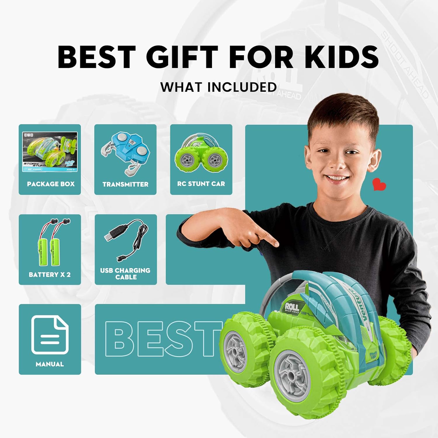 INVINZER Remote Control Car RC Stunt Car Hobby RC Cars 360°Flip Roll Back RC Toys Car with Colorful Lights for Kids Aged 4-12 Years Old RC Race Car for Boys Girls Green: Toys & Games