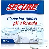 Secure Denture Cleaning Tablets, Retainer &amp; Nightguard Cleaner, 32 Tablets | Fights Odors, Stains &amp; Germs in just 10 mins - Alkaline pH 9 Formula Removes Denture Adhesive - For Partials Too