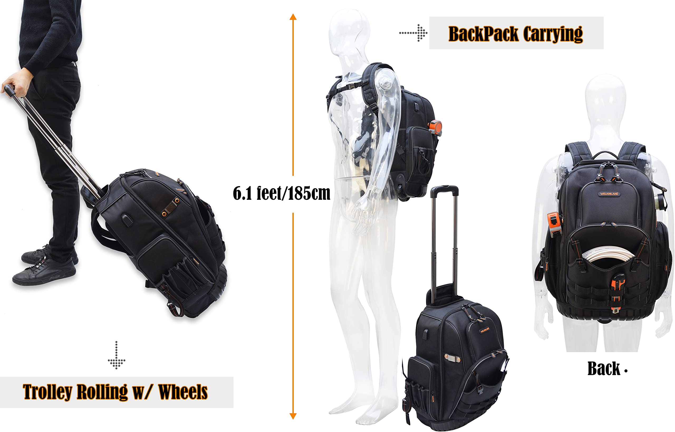 WELKINLAND 72Pockets Rolling Tool backpack, Large tool bag with wheels, Rolling Electrician bag with wheels for men