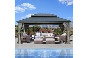 DOMI OUTDOOR LIVING Domi 12’ X 14’ Hardtop Gazebo Canopy with Netting & Curtains, Outdoor Aluminum Gazebo with Galvanized Steel Double Roof for Patio Lawn and Garden, Gray