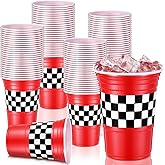 Funnymoom 50 Pcs 16 oz Race Car Cups Bulk Checkered Flag Party Supplies Disposable Plastic Red Racing Birthday Decorations Black and White Checkered Cup Hot Cold Drink for Sport Car Theme Baby Shower