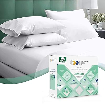 600-Thread-Count Best 100% Cotton Sheets &amp; Pillowcases Set - 4 Pc Pure White Extra Long-Staple Combed Cotton Bedding Queen Sheet for Bed, Fits Mattress 16'' Deep Pocket, Soft &amp; Silky Sateen Weave