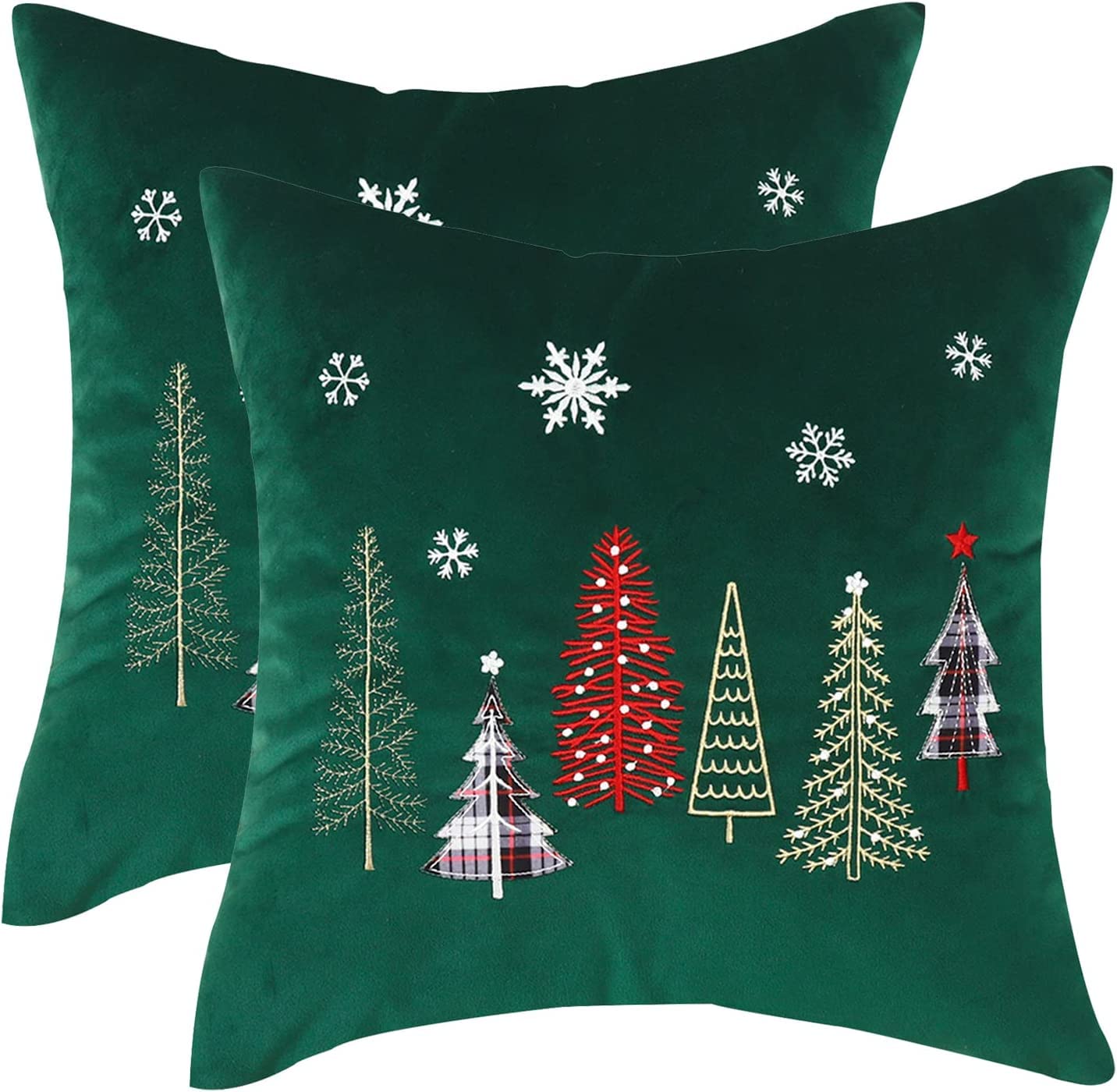 Tosleo Christmas Embroidery Throw Pillow Covers 20 x 20 inch Set of 2 Velvet Pillowcases Forest Green Christmas Trees Cushion Pillow Cases Soft Square Holiday Pillowcase — image 1
