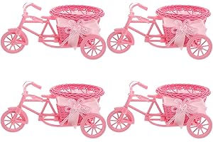 SEWCHICS 4pcs Pink Decorative Tricycle Flower Basket Planter Set with Faux Rattan Weaving, Small Garden Bike