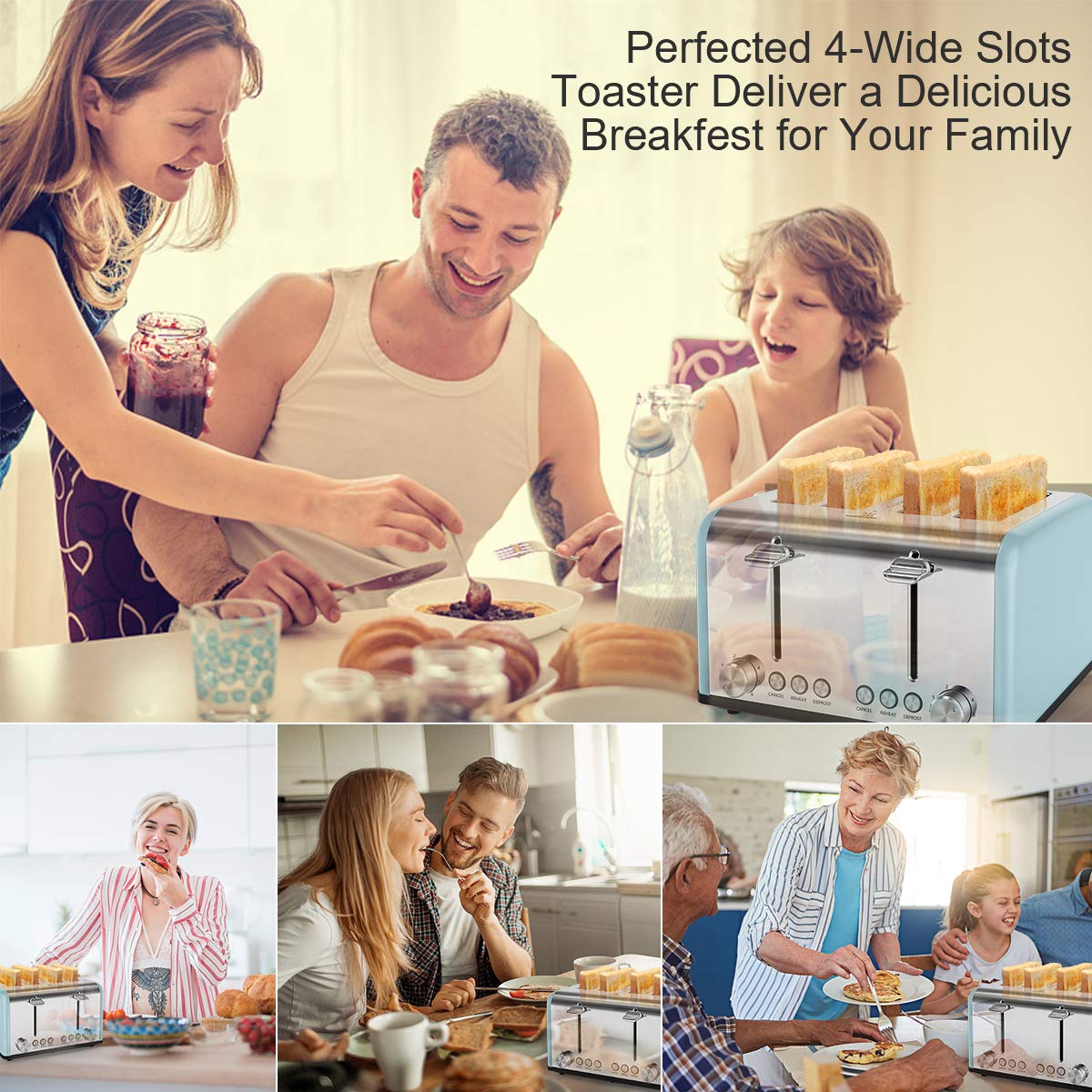 Toaster 4 Scheiben, Morpilot Edelstahl Toaster 1600 Watt mit 1,5\'\' breiten Schlitzen, 6 bräunungsstufen und 3 Moden (Auftau-, Aufwärm- sowie Abschaltungsmode)