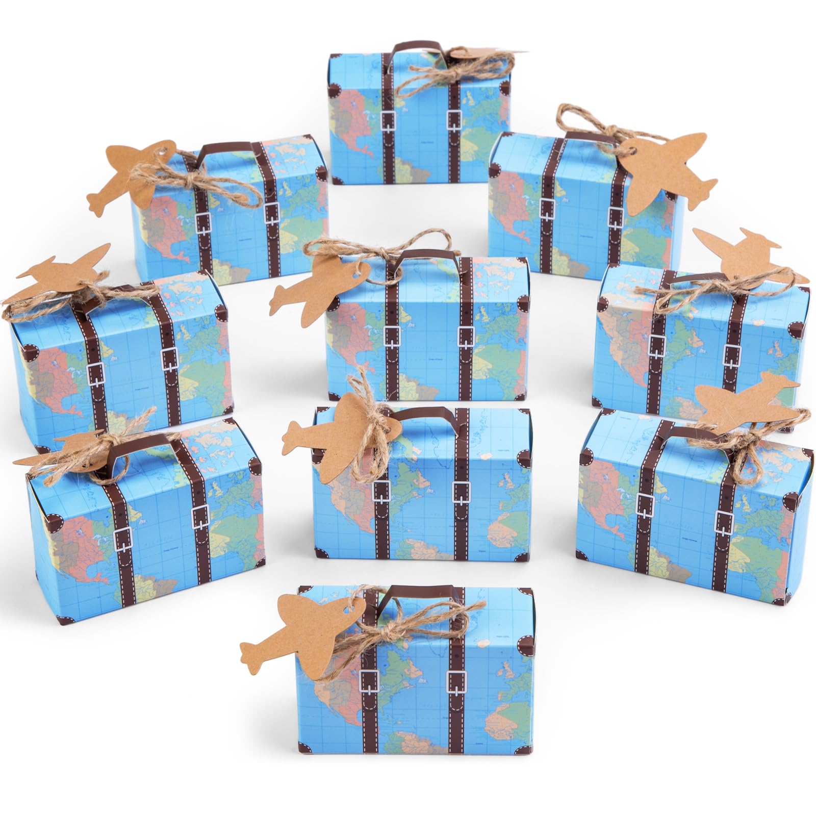 Photo 1 of HONEYGIFTS 50 Piece Mini Suitcase Gift Box Party Favor Candy Box, Mini World Map Suitcase for Birthday Party/Wedding/Travel Themed Parties/Bride Shower Decoration, with Labels and Burlap Cloth