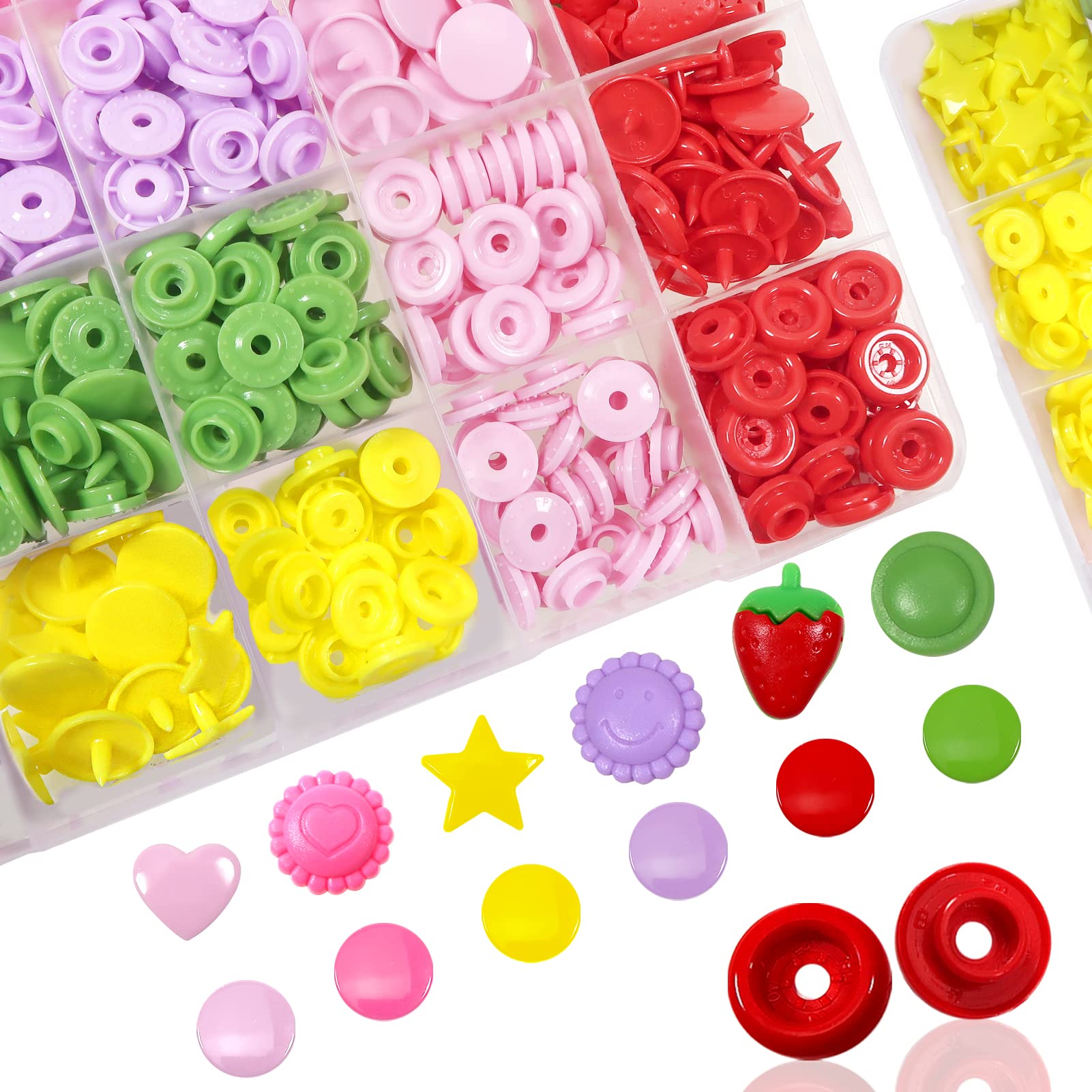 TOAOB 142 Sets Plastic Snap Button Fasteners 6 Colors Press Studs Round Heart Sunflowers Shaped Poppers Fasteners for DIY Clothing Sewing Crafting