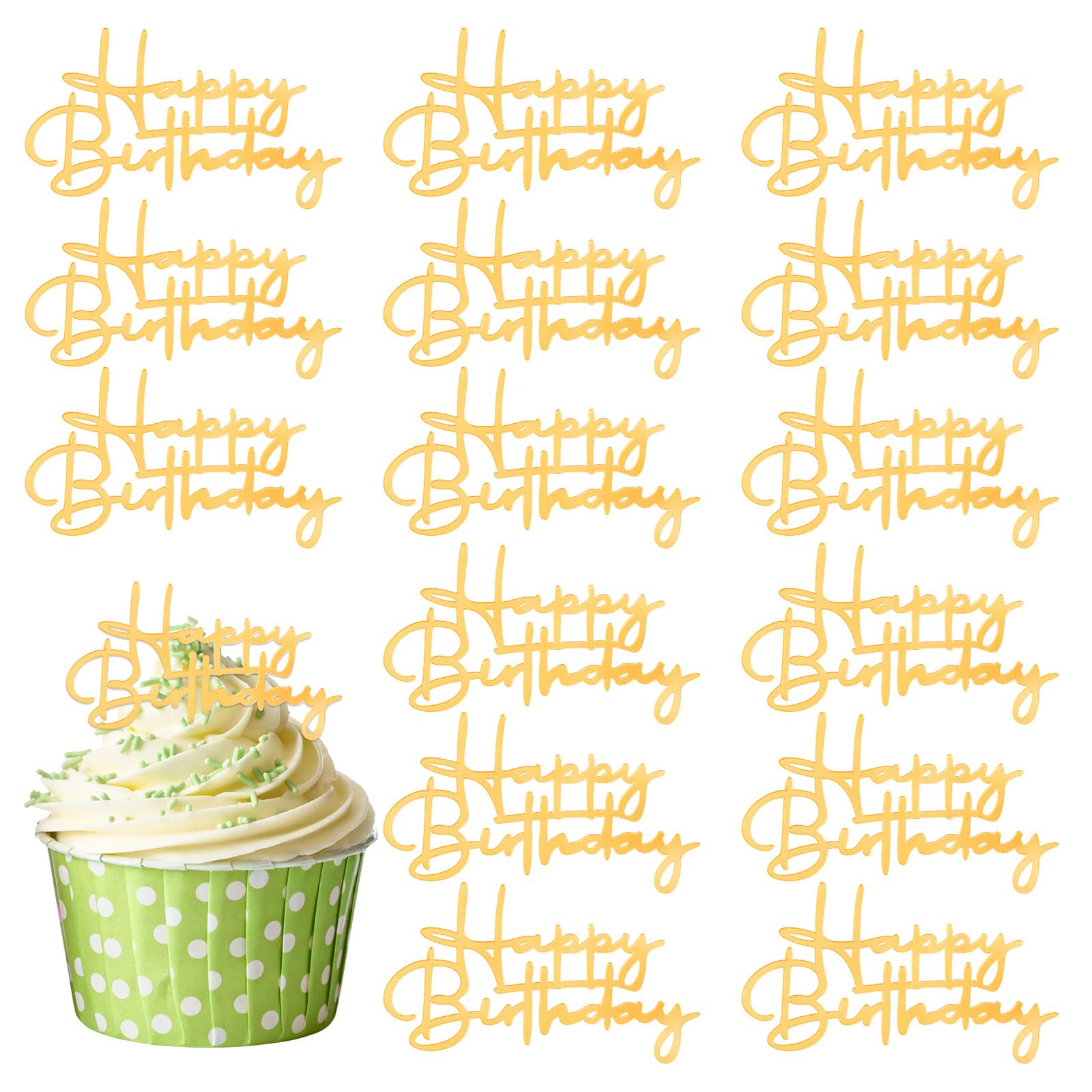 Amabro 15 Pack Mirror Acrylic Happy Birthday Cake Toppers, Gold Cupcake Inserts Toppers Side Sign Decorations for Birthday Party Desserts Pastries