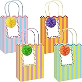 FYSUIMU Valentine'day Stripe Paper Bag with Honeycomb Ball and Tag Scalloped Treat Bags with Handles Candy Goodie Bags for Birthday Wedding Party Favors Supplies, 16 Set