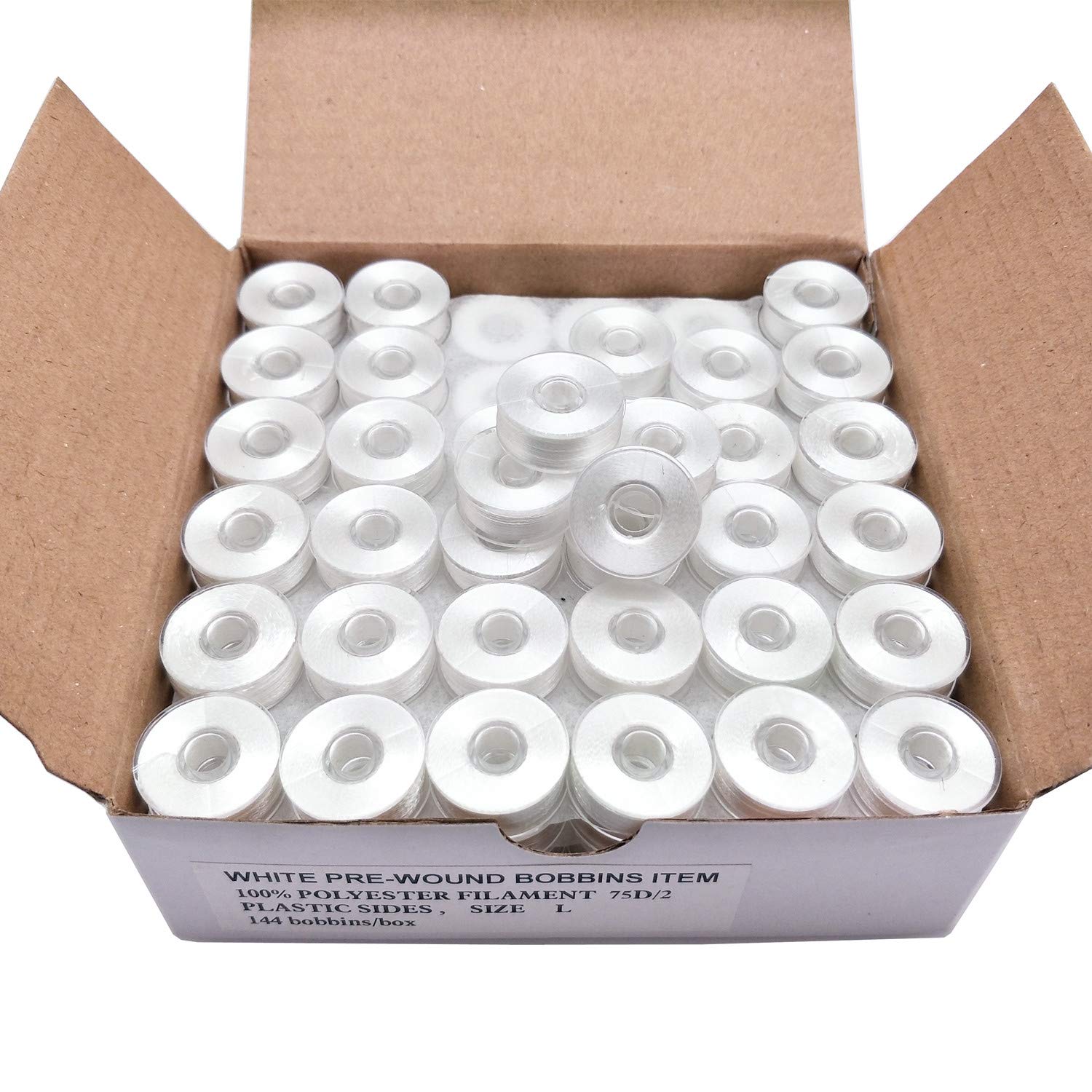 YEQIN Prewound Bobbin Thread, Plastic Side, 144pcs Type L Size (SA155) White 75D/2 Polyester Thread, Compatible with Babylock, Barudan, Bernina, Brother, Consew, Singer, Tajima and More — image 1