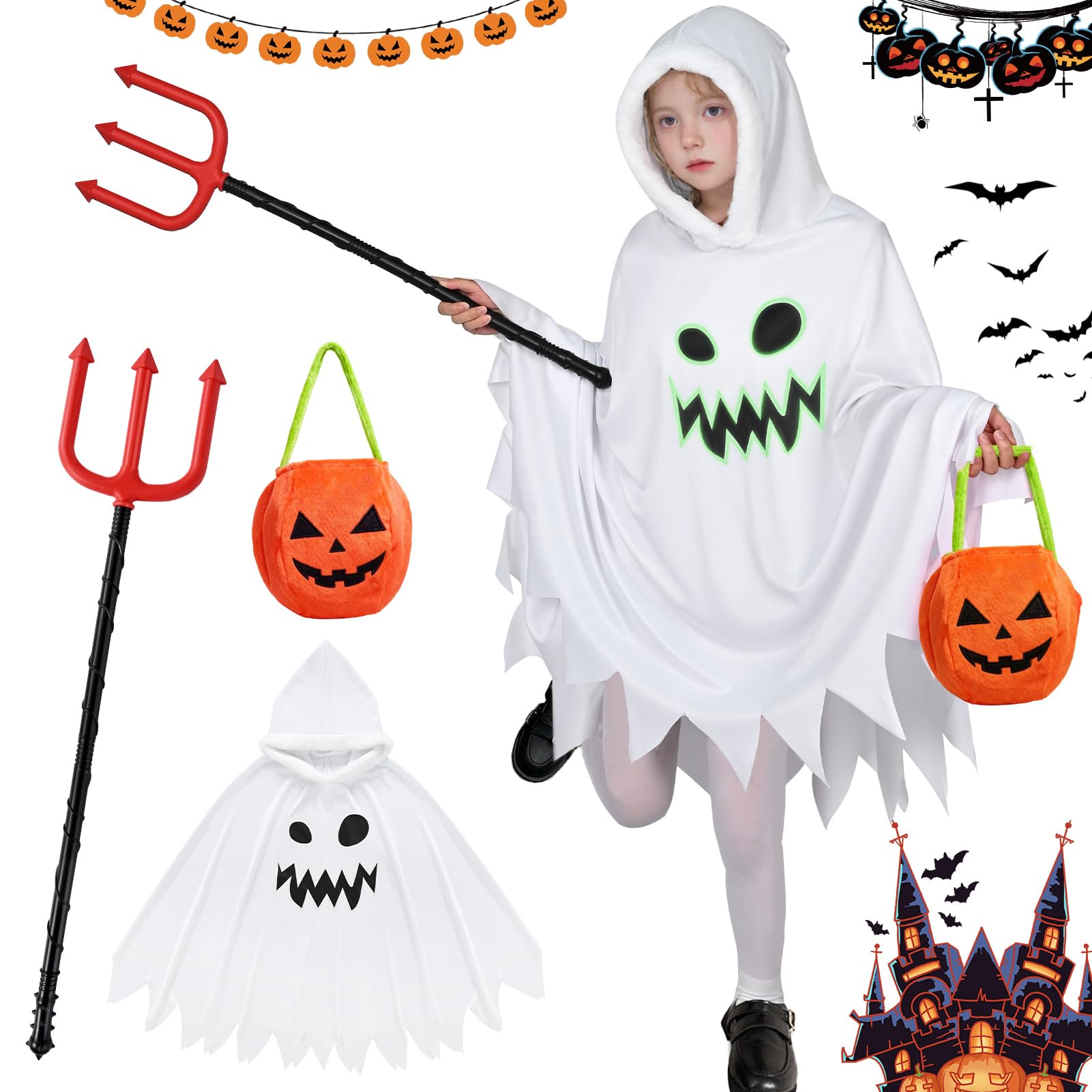 Ghost Costume Kids Halloween Costumes for Girls Boys, Glow in the Dark Ghost Face Outfit Halloween Children Cloak Hooded Fancy Dress Pumpkin Bags Trick-or-Treating Party (Kids Style 2, 10~11Years)