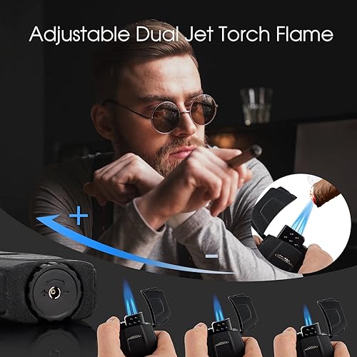 Dual Jet Flame Cigar Lighter With Built-In Punch & Holder - Windproof Butane Lighter In Gift Box