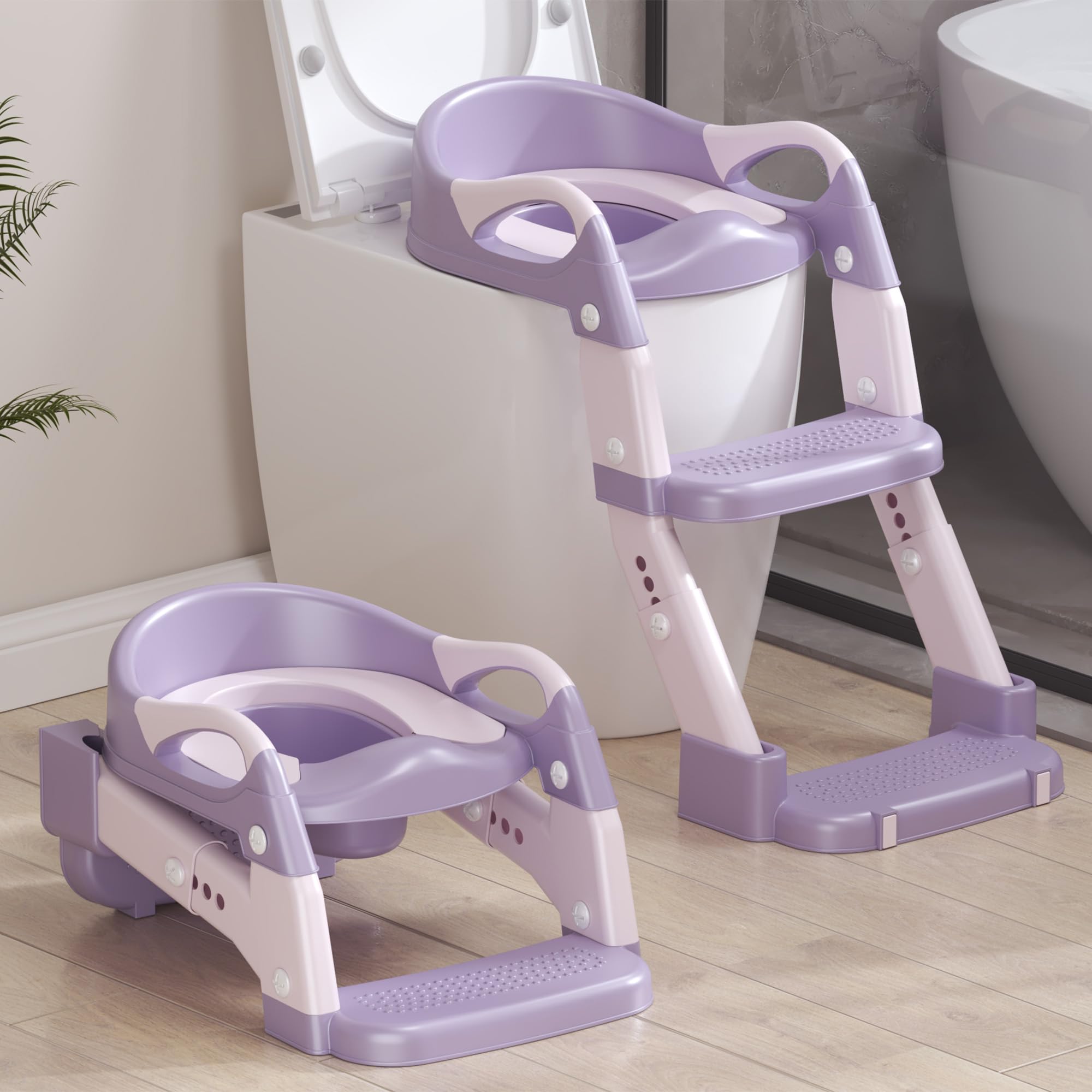Photo 1 of 2-in-1 Toddler Potty Training Toilet Seat with Step Stool Ladder – Adjustable Height Potty Chair Urinal for Baby Boys Girls Age 1-3, Foldable Training Potty with Splash Guard & Anti-Slip Feet, Purple
