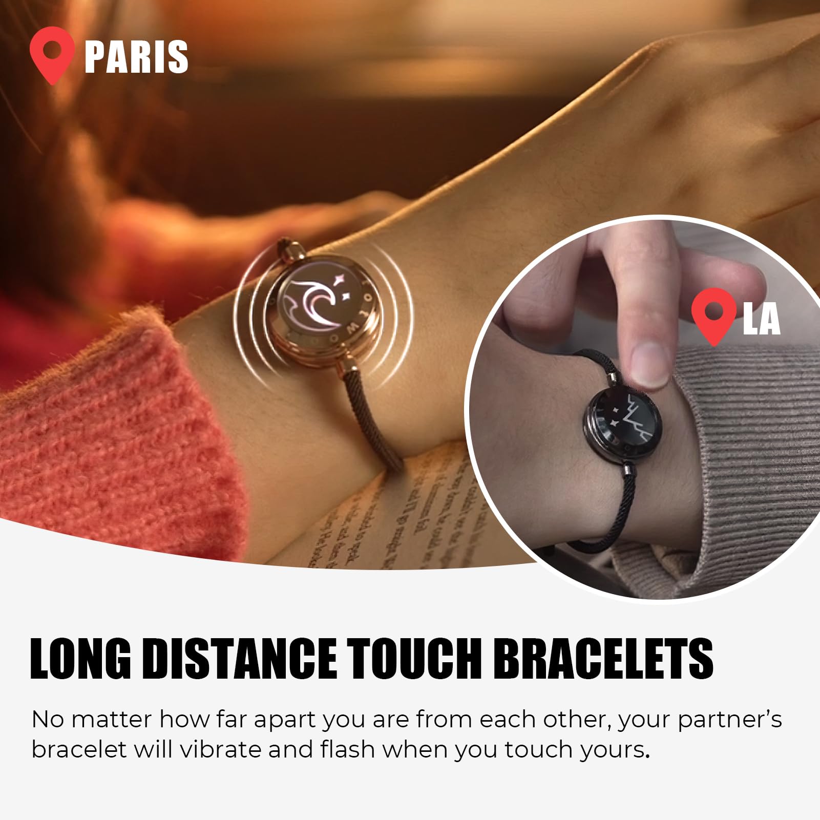 TOTWOO Long Distance Touch Bracelets for Couples, Vibration & Light up for Love Couples Bracelets | Long Distance Relationship Gifts for Girlfriend Bluetooth Pairing Jewelry