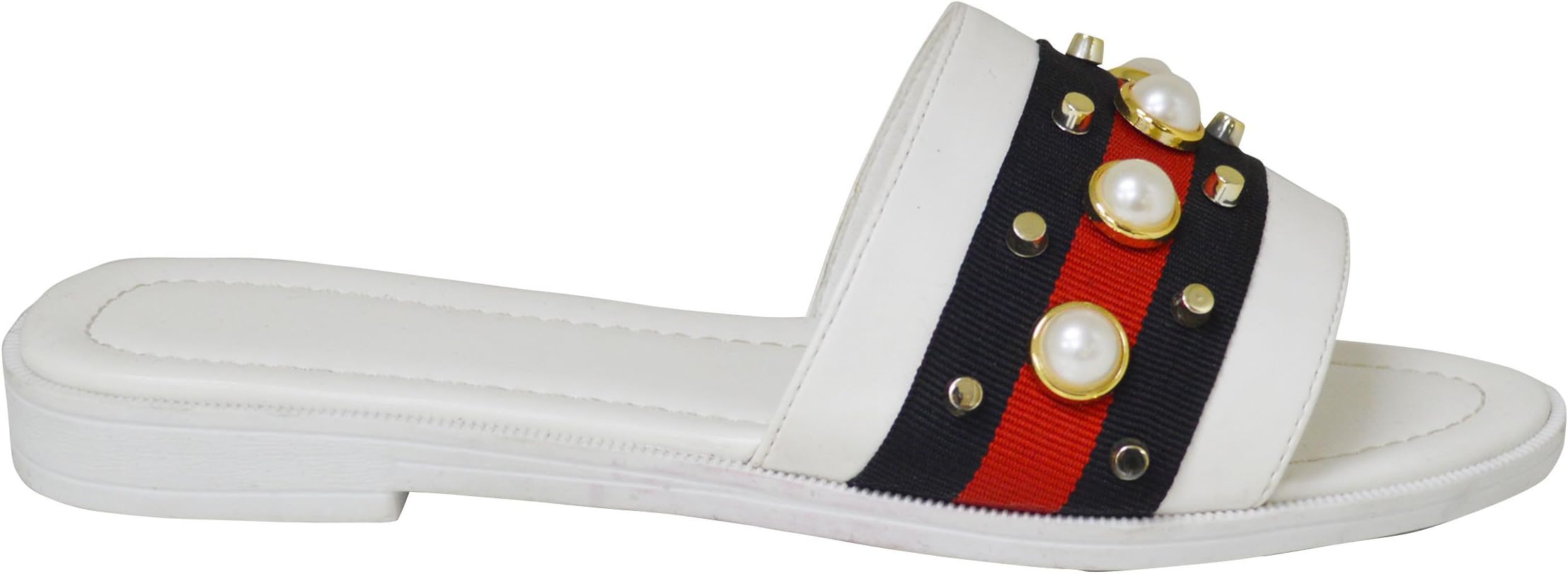 Ladies Flat Pearl Ribbon Slip On Slider Sandal