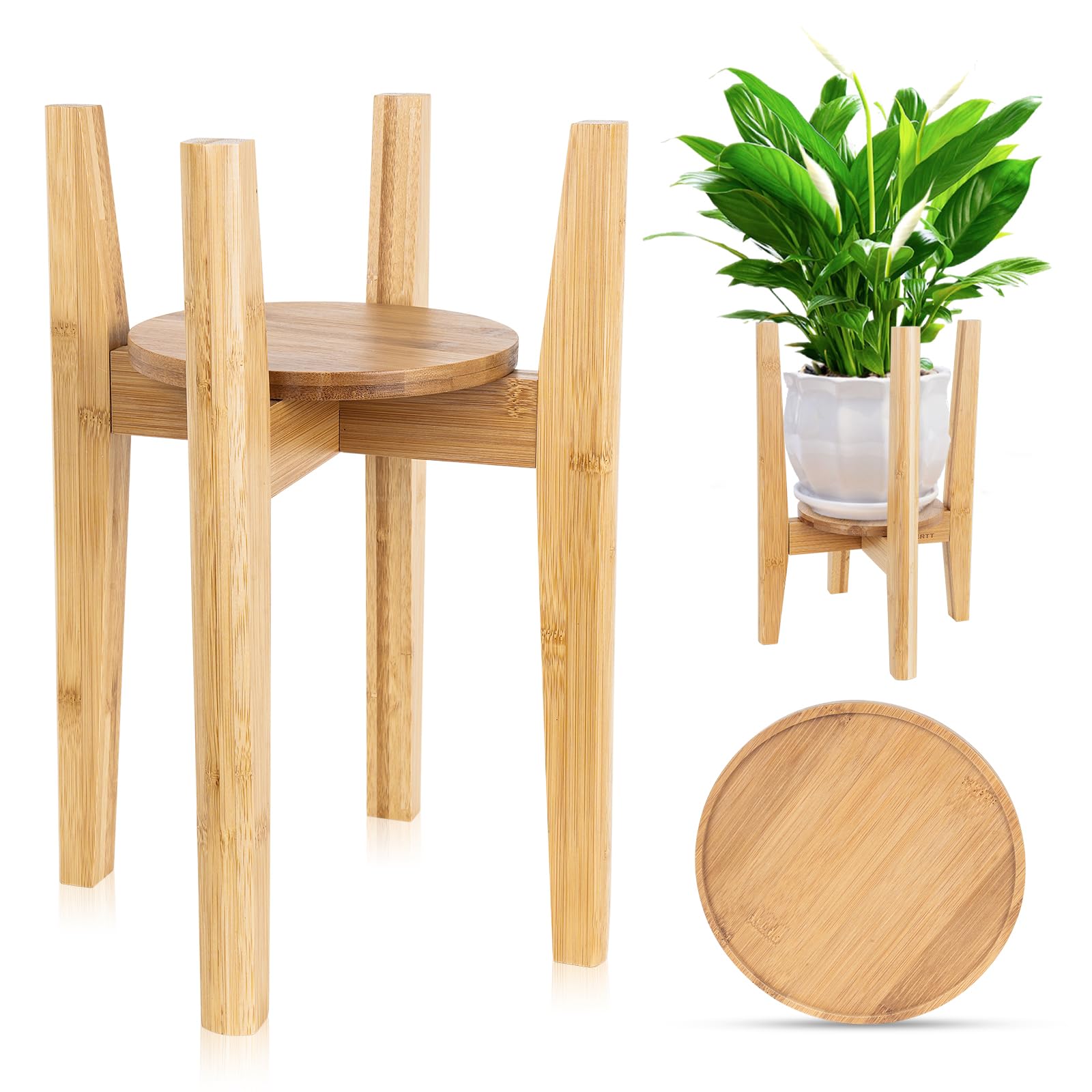 Photo 1 of Adjustable Plant Stand with Tray,Indoor Wood Plant Stand Fit 8'' to 12'' Planter,Mid Century Modern Flower Pot Holder Rack(Plant and Pot Not Included)