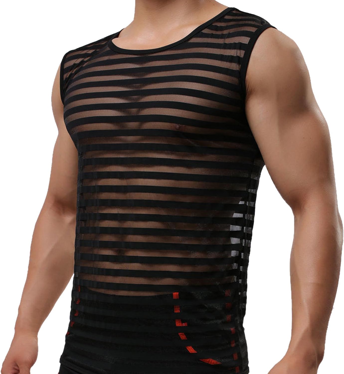 Qilaizhongda Men's Mesh See-through Tank Top Vest Sleeveless Undershirt Striped Athletic T-shirt