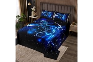 FEELYOU Galaxy Dragon Coverlet Set Kids Chic Outer Space Starry Sky Bedspread Jungle Animals Dragon Quilted Coverlet for Boys Children Teens Bedroom Decor Blue Black Quilted Queen Size With 2 Pillow Case