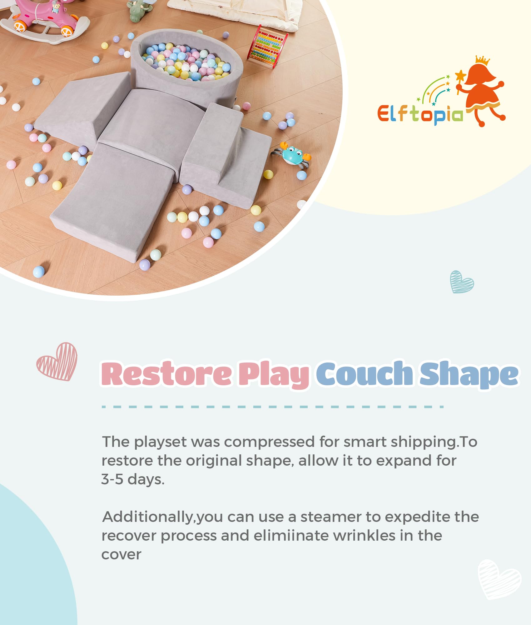 Elftopia Foam Climbing Blocks with Ball Pit Designed for Toddlers Aged 1-3 -Great for Indoor Crawling, Inside Foam Playground Set for Little Ones to Active Playing -(Balls NOT Included) Grey