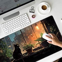 Black Cat Desk Mat Green Plants Desk Pad Anime