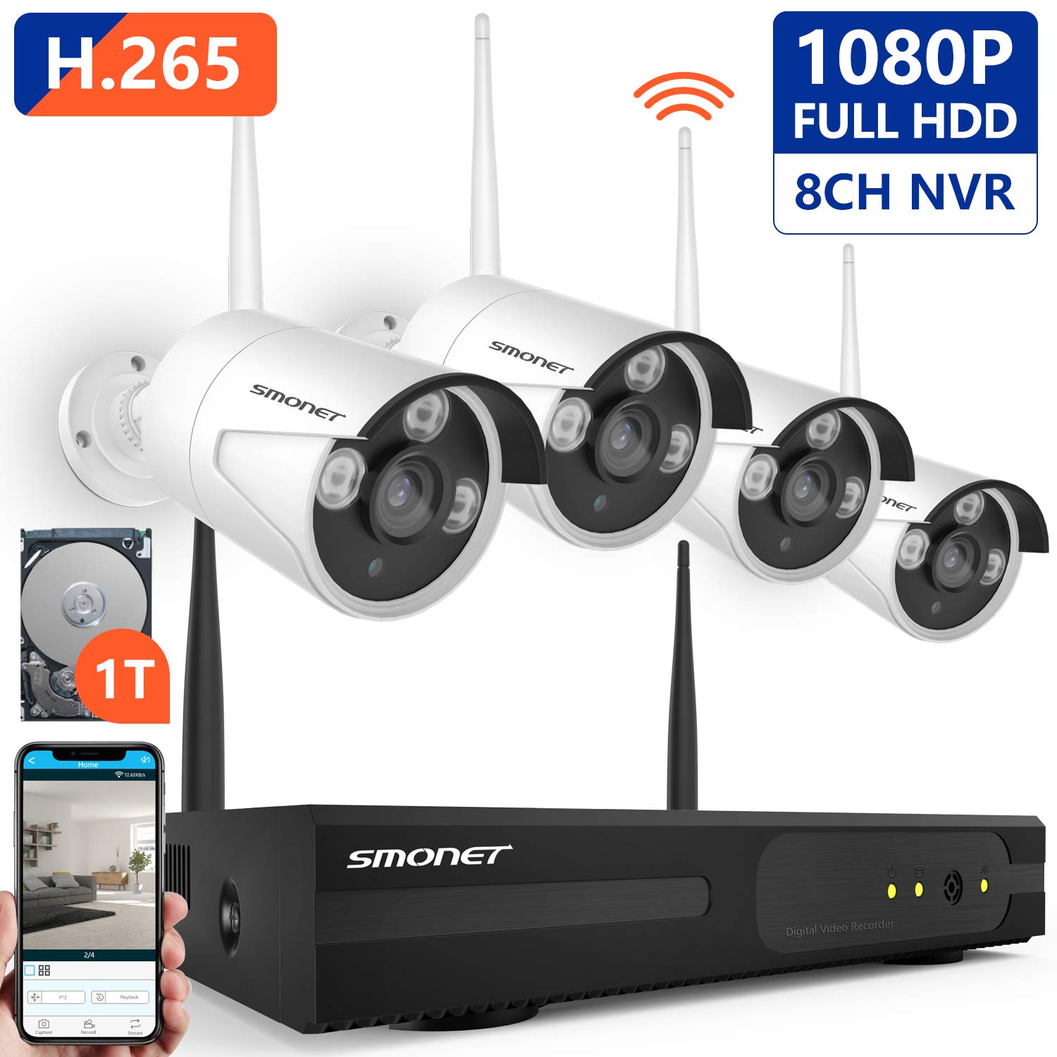 [8CH Expandable] 1080P Security Camera System Wireless,SMONET 8CH H.264 PRO Wireless Surveillance System(1TB Hard Drive) with 4pcs 2.0MP Security Cameras,P2P Home Security Camera System