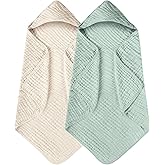 Yoofoss Hooded Baby Towels for Newborn 2 Pack 100% Muslin Organic Cotton Baby Bath Towel with Hood for Babies, Infant, Toddler and Kids, 32x32Inch, Soft and Absorbent Newborn Essential,Apricot&Green