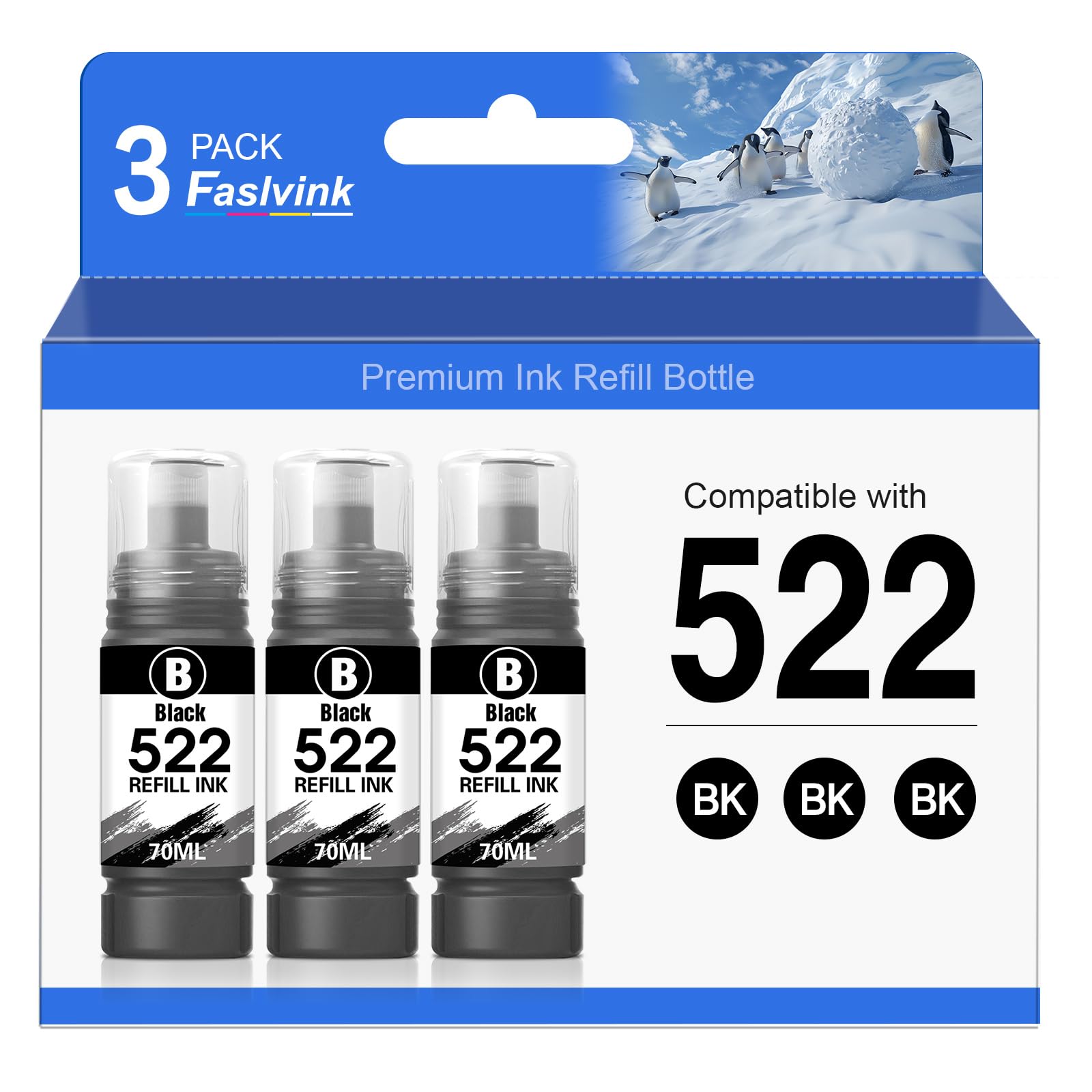 Photo 1 of 522 Black Ink Bottles ET-2800 ET-4800 ET-2400 ET-2803 Ink Refill Replacement for 522 Ink Refill Bottles Black for 2800 4800 Ink Compatible for Ecotank ET-2720 ET-4810 ET-2840 ET-4700 Printer,3 Pack