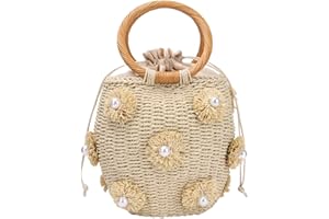 Lanpet Straw Beach Bag for Women Summer Drawstring Woven Tote Bag Flower Pearls Bucket Handbags