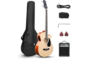 Ktaxon Acoustic Electric Bass Guitar Kit, 4 String Full Size Acoustic Bass Guitar with 15W Amp, Portable Gip Bag, Adjustable Bag Strap, Replacement String, Premium Cable, Picks and Wrench(Natural)