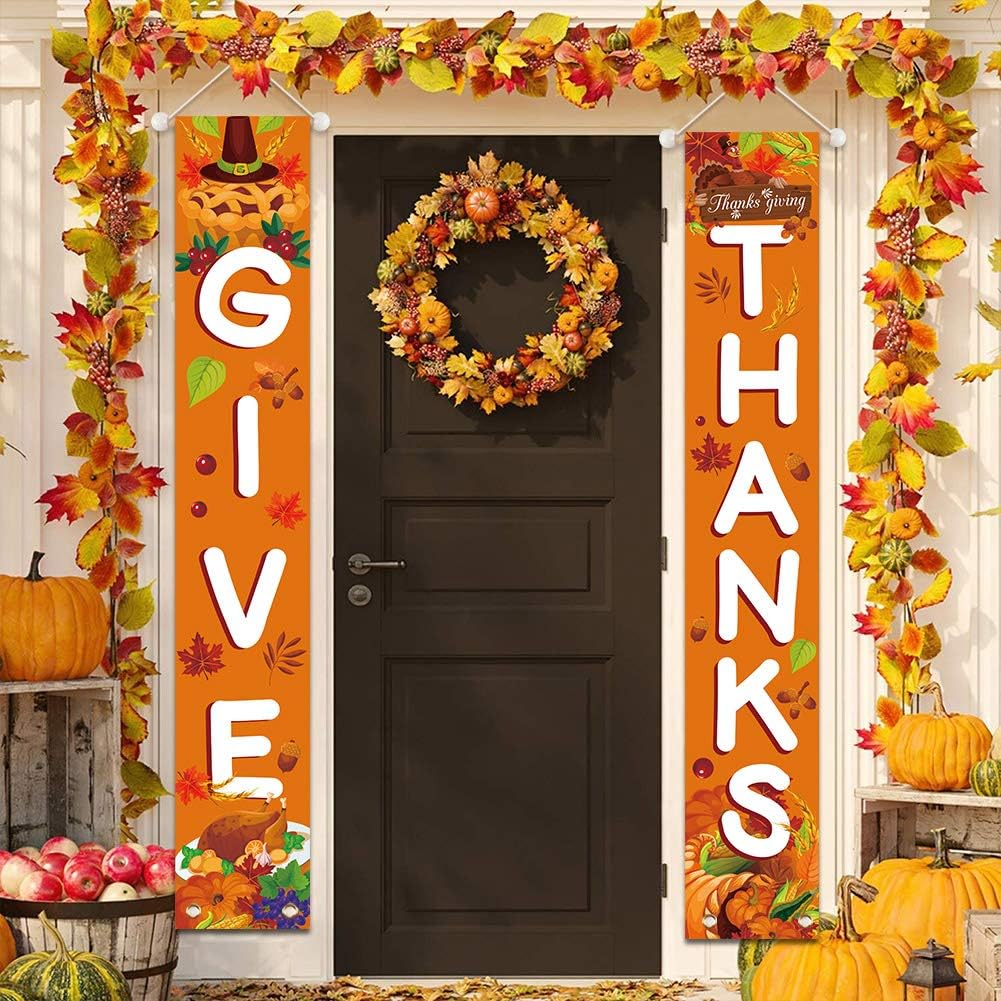 Yard Signs - LOVESTOWN Thanksgiving Front Porch Banner, 72 inches GIVE THANKS Hanging Banner Thanksgiving Door Decorations Autumn Pumpkin Maple Leaf Porch Sign for Fall Party Home Yard Indoor Outdoor Wall Docor
