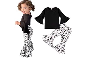 Juflam Toddler Baby Girl Clothes Flared Sleeve Top T-Shirt + Leopard Floral Trousers Bell Bottom Pants Outfit Set