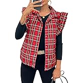 Tankaneo Womens Plaid Puffer Vests Ruffle Sleeveless Lightweight Quilted Vest Fall Winter Padded Gilets Coats