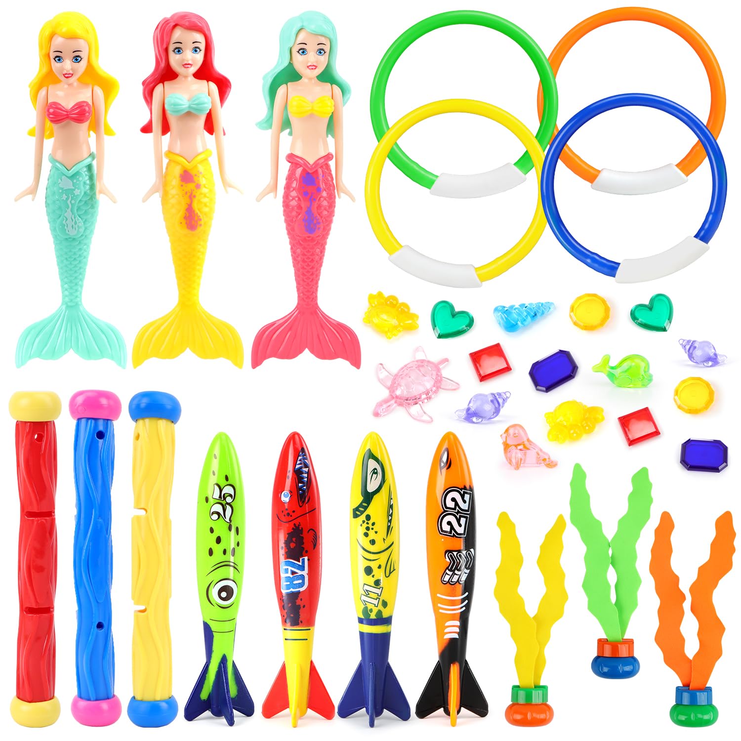 33Pcs Kids Swimming Pool Diving Toys with Dive Sticks Mermaid Gems Rings Rocket Torpedo Seagrass, Childrens Toddler Girls Boys Swim Water Sinkies Sinkers Party Paddling Pools Games Small Sinky Toy