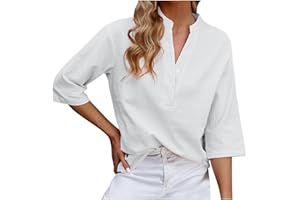 SHOPESSA Women's Tops 3/4 Sleeve Tunic Cotton Linen Blouses Dressy Casual 1960s Boho Hippie Tops Summer Clothes for Women
