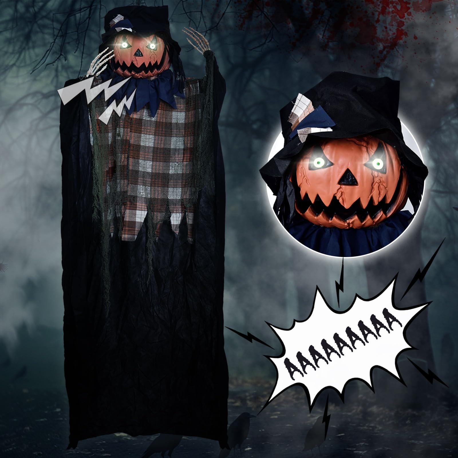 Photo 1 of PRESENCE 6FT Halloween Decorations Outdoor - Hanging Animatronic Halloween Decoration Jack-O'-Lantern with Glowing Eyes and Sound Activated Halloween Outdoor Decoration Haunted House Prop Decor