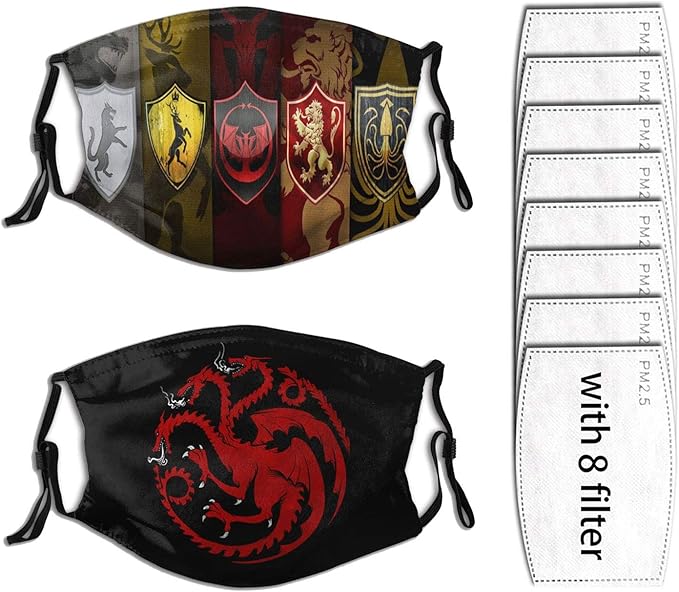 2 Packs Game of Thrones Face Mask with 8 Filters, Adult Reusable and