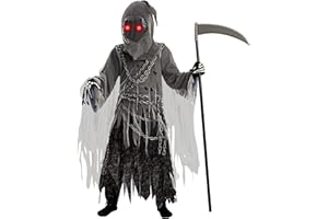 Spooktacular Creations Child Unisex Grim Reaper Costume, Halloween Costume with Glowing Red Eyes for Kids Trick-or-Treating