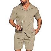 URRU Mens 2 Piece Outfits Summer Casual Texture Beach Short Sleeve Button Down Shirts and Shorts Set with Pocket