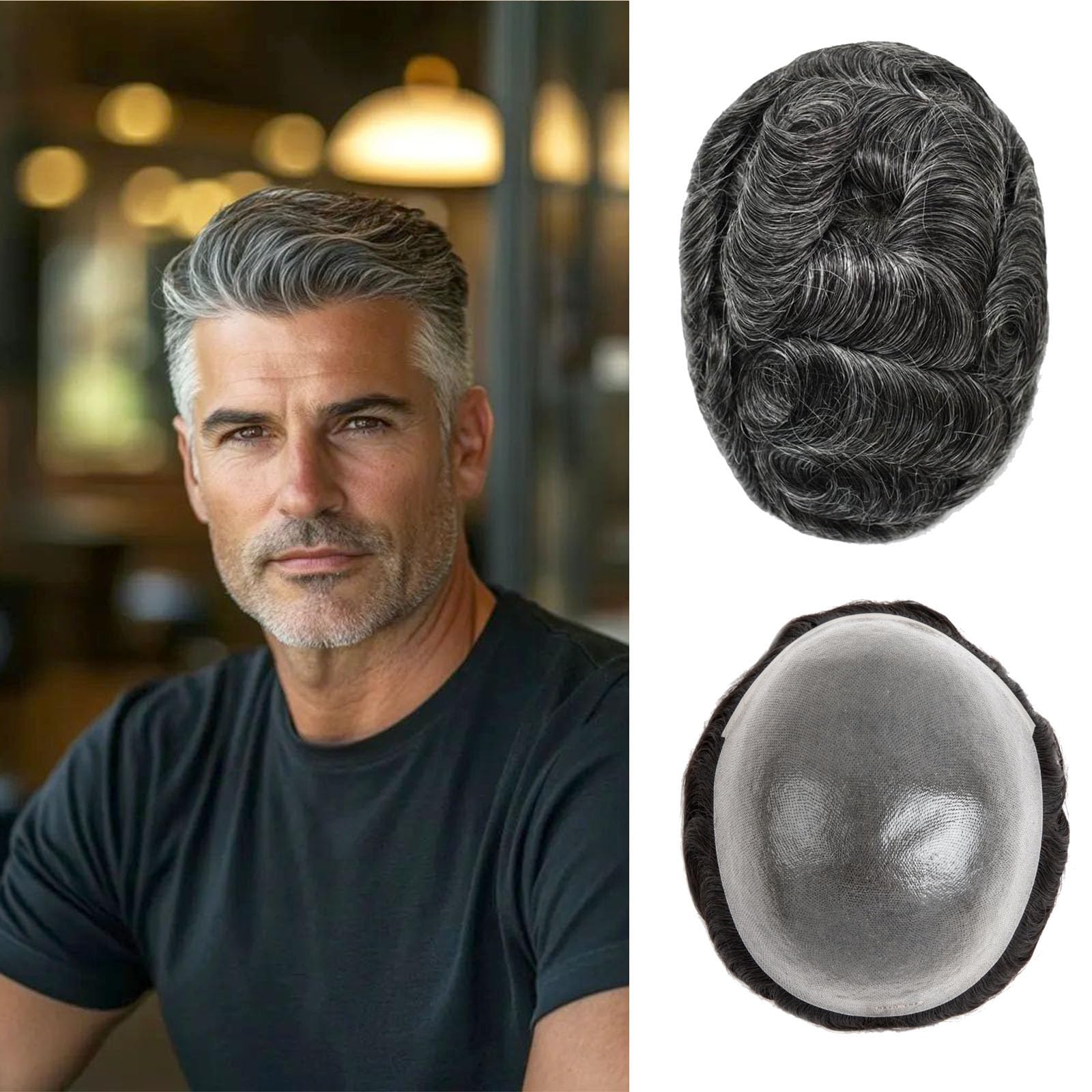 Men's Toupee Real Hair Ultra-Thin 0.03mm Skin Toupee for Men Light Medium Density Hairpiece Base Size 8x10 Inch 100% Human Hair System for Men（#1B40） — image 1