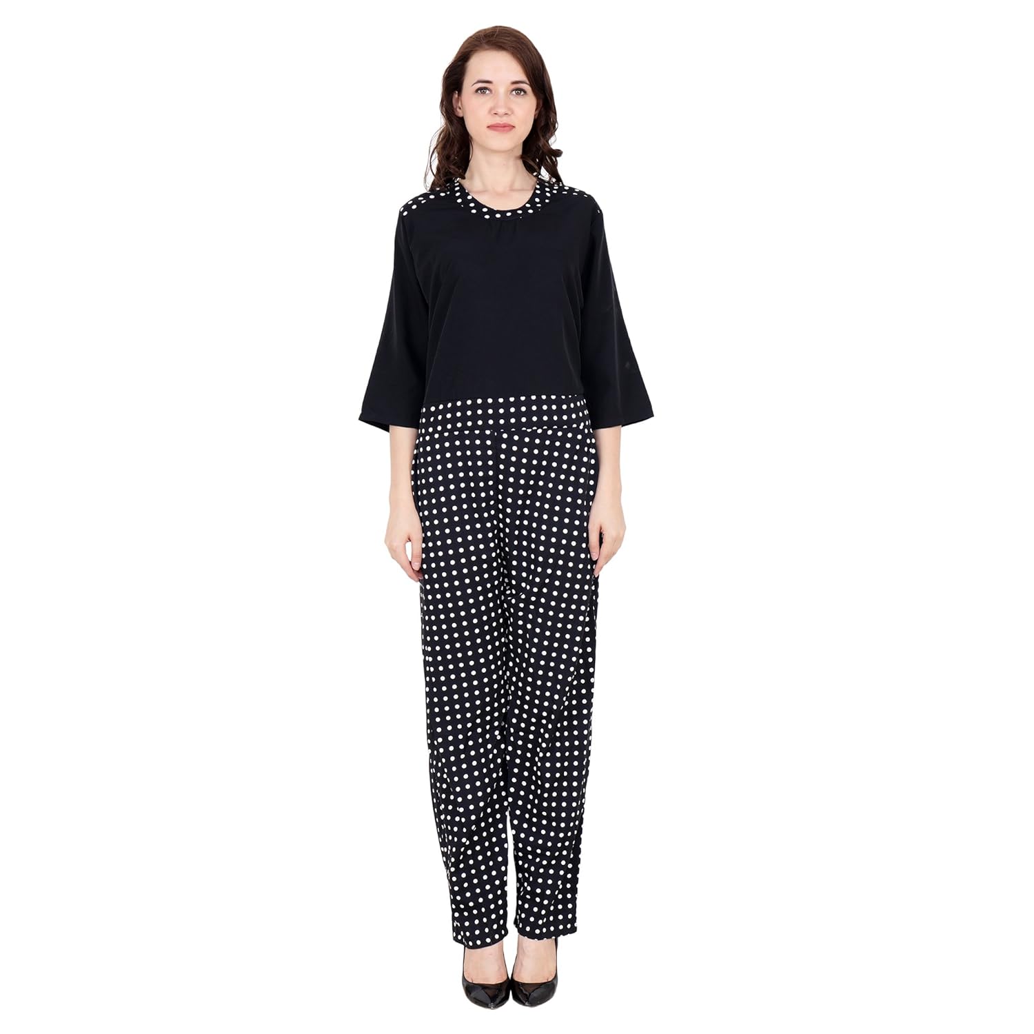 my swag women's crepe round neck dot print jumpsuit