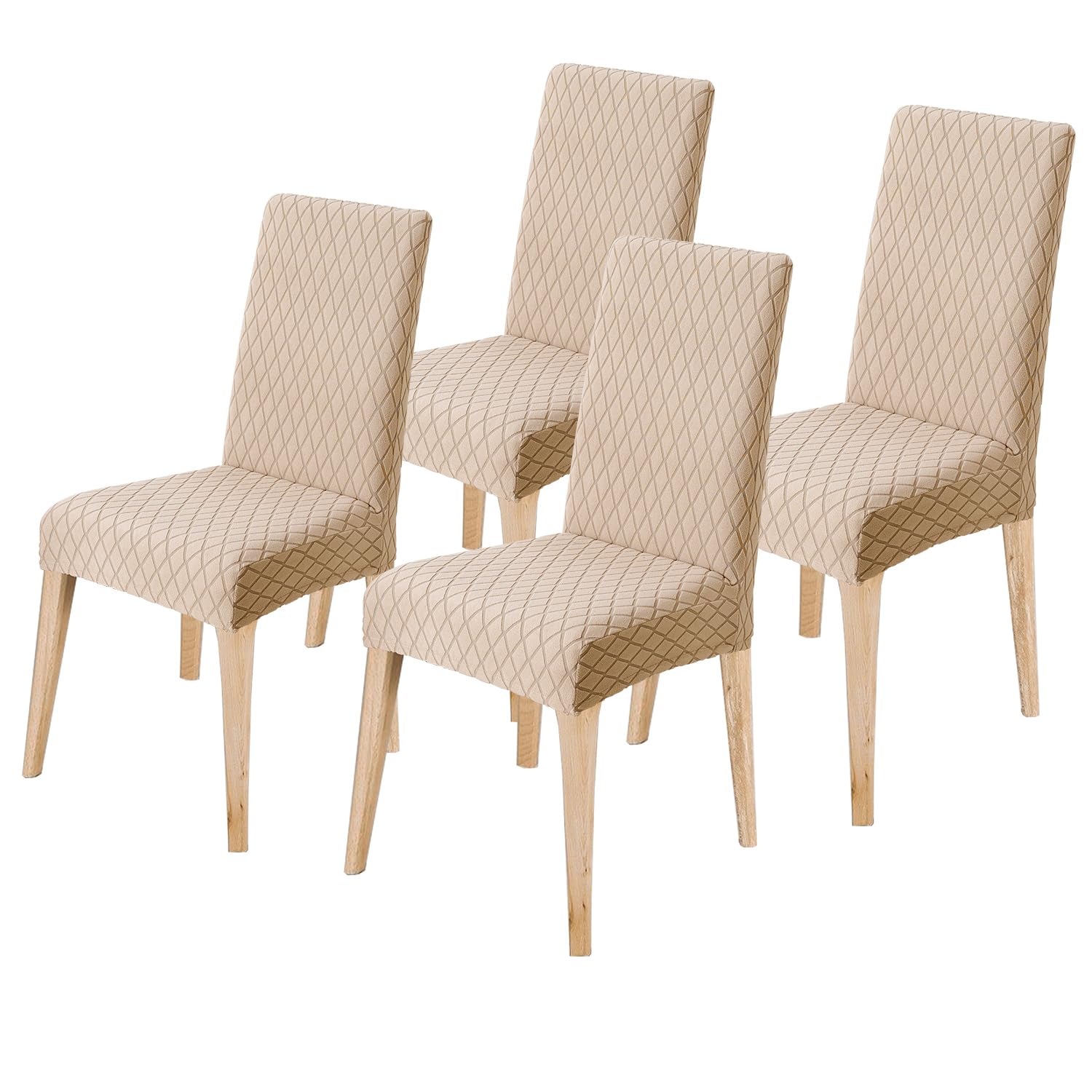 LANSHENG Dining Chair Covers Set of 4, Stretch Dining Chair Protector Slipcovers Jacquard, Elastic Removable Washable Chair Seat Cover for Dining Room Kitchen Banquet Restaurant Home, Khaki