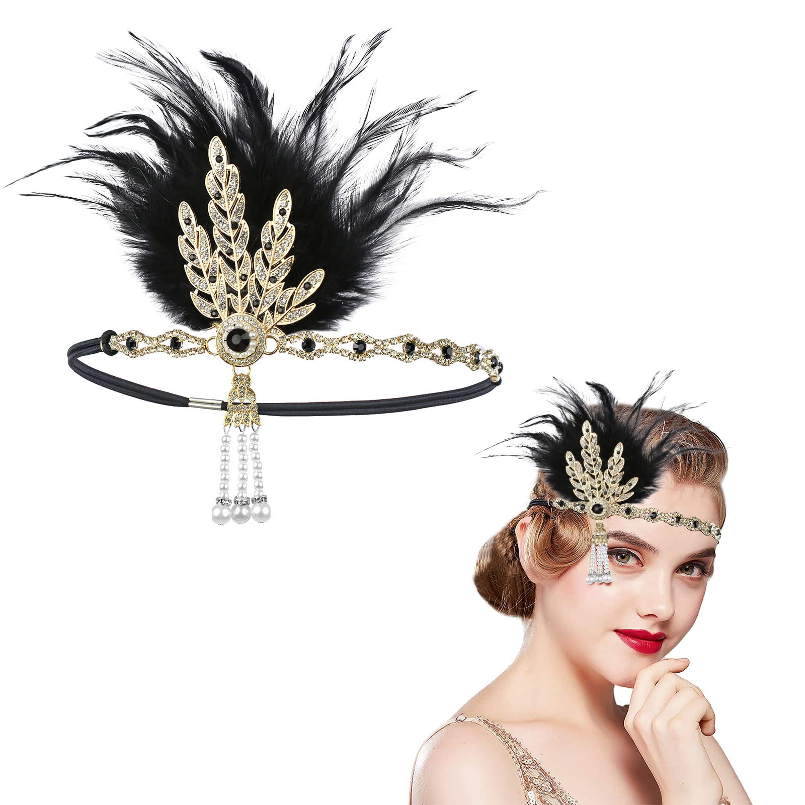 MIVAIUN 1920s Flapper Headpiece, 1920 Headband, Vintage Headband, Great Gatsby Costume Accessories for Women, 1920s Flapper Feather Headpiece, 20s Accessories for Costume Prom Wedding Party (1 Pcs)