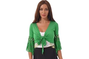 XUNZOO Women Glitter Bead Tassel Belly Dance Top Lace 3/4 Flared Sleeves Shawl Crop Tops Dancewear