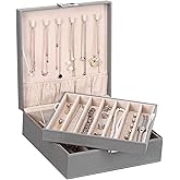 BEWISHOME Jewelry Boxes for Women, 2-Layer Necklace Organizer Box, Modern Style Jewelry Organizers and Storage with Removable Pad for Earrings, Necklace, Bracelet (Grey SSH31H)