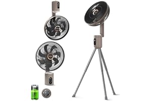 YOKEKON Standing Outdoor Fan for Patio, 12" Rechargeable Camping Fan with Remote Light, 12000mAh Battery Operated Oscillating Fan, Quiet, 8 Speeds, Timer, Beach/Bedroom/room/office