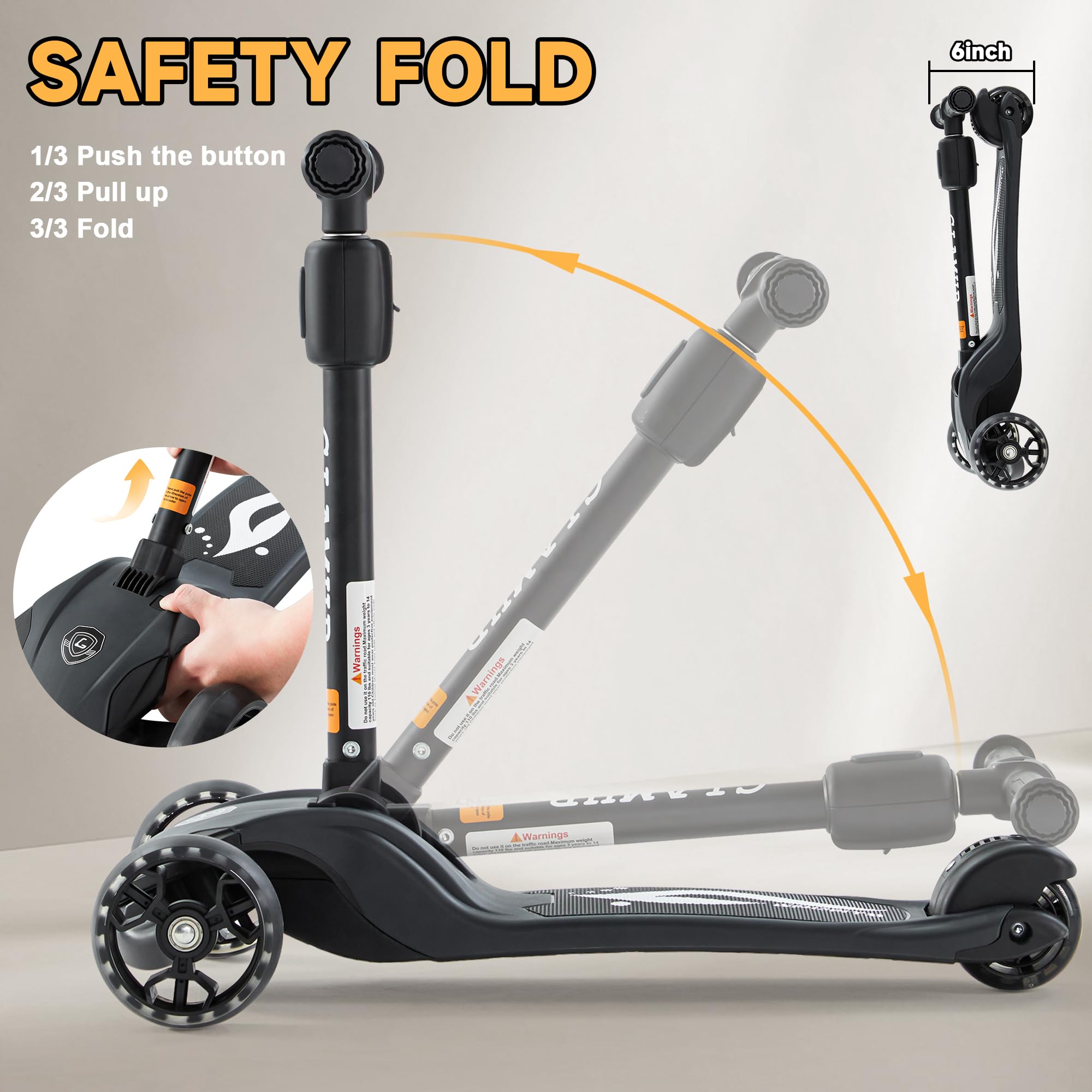 GLAMUP Kids Kick Scooter 3 Wheels, Kids Scooter Height Adjustable Handlebar, Lean-to-Steer System & Easy-Folding Mechanism, Ages 3-14 Boys and Girls